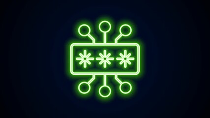 Poster - Glowing neon line Cyber security icon isolated on black background. Closed padlock on digital circuit board. Safety concept. Digital data protection. 4K Video motion graphic animation
