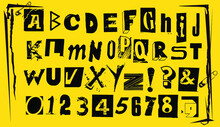 Punk Typography Vector Alphabet And Numbers. Type Specimen Set For Grunge Font Flyers And Posters Or Ransom Note Style Designs.