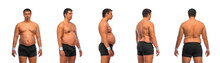 Photo Reference Pack With Anatomy Of Fat Man Want To Lose Weight And Become A Slim Athlete. Front, Back, Side, Profile View. Fitness Concept.