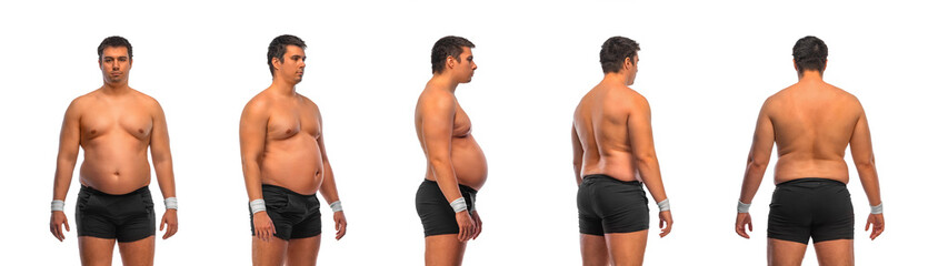 Photo reference pack with anatomy of fat man want to lose weight and become a slim athlete. Front, back, side, profile view. Fitness concept.