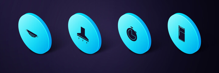 Sticker - Set Isometric Refrigerator, Kitchen timer, extractor fan and colander icon. Vector