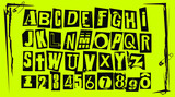 Fototapeta Przestrzenne - Punk typography vector alphabet and numbers. Type specimen set for grunge font flyers and posters or ransom note style designs.