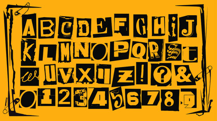 Punk typography vector alphabet and numbers. Type specimen set for grunge font flyers and posters or ransom note style designs.