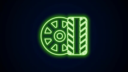 Wall Mural - Glowing neon line Car tire wheel icon isolated on black background. 4K Video motion graphic animation