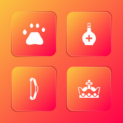 Sticker - Set Bear paw footprint, Bottle with potion, Medieval bow and King crown icon. Vector