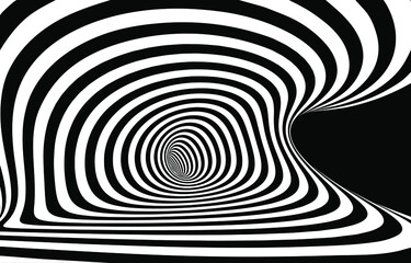 Wall Mural - Vector optical art illusion of striped geometric black and white abstract surface flowing like a hypnotic worm-hole tunnel. Optical illusion style design.