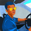 Ilustracja młody mężczyzna w żółtych okularach za kierownicą samochodu