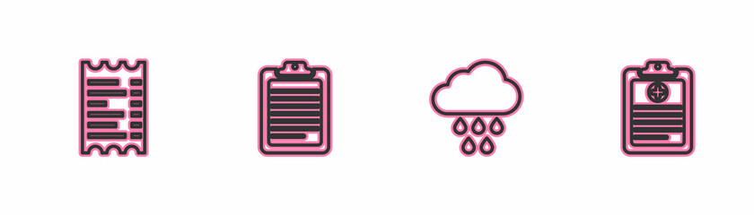 Poster - Set line Paper or financial check, Cloud with rain, Clipboard document and Clinical record icon. Vector