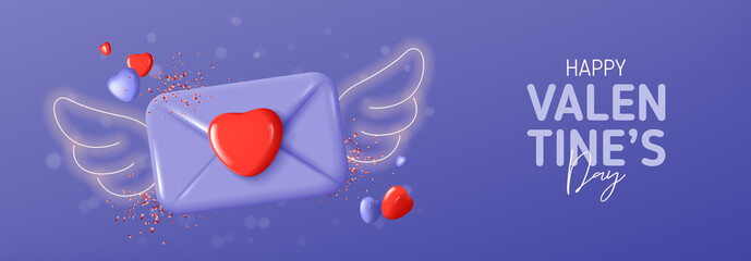 Wall Mural - Happy Valentine's Day horizontal banner. Vector illustration with purple envelope, angel neon wings, red and violet hearts and confetti. Holiday 3d composition for Valentine's Day. Holiday card.