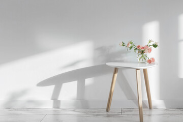 pink roses in glass jar on white modern table on background white wall