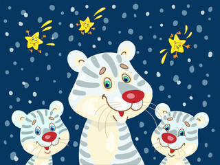 Canvas Print - Three funny white tigers, symbols of the Chinese New Year. In cartoon style. Isolated on dark blue background. Vector flat illustration.