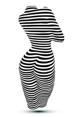 Black and white vector illustration of 3D relief of a nude woman sexy body made of horizontal lines isolated on white background.