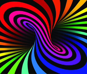 Vector illustration of torus inside view with geometrical hypnotic psychedelic colorful stripes on black background.