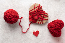 Handmade Valentine From Yarn, Red Heart For Valentine's Day.