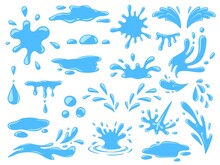 Cartoon Water Splashes, Falling Rain Drops, Waves And Spill. Fresh Aqua Stream, Puddles And Splats. Nature Blue Liquid Form Icons Vector Set