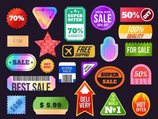 Wall Mural - Trendy 90s holographic sticker sale labels and tags shapes. Retro discount, price and quality product shiny stickers with percent vector set