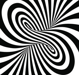 Poster - Black and white vector illustration of mobius torus inside view with geometrical hypnotic twisting striped lines. 