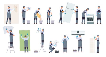 Poster - house renovation, construction, handyman service and appliances repair worker. home masters, loader,
