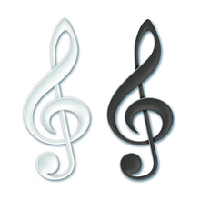 Set Of White And Black Treble Clef, Music Violin Clef Sign. Paper Icon With Shadow