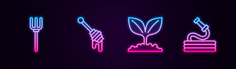 Sticker - Set line Garden pitchfork, Honey dipper stick, Plant and hose. Glowing neon icon. Vector