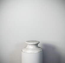 Studio Shooting Set Up Of Monochrome Grey Background And Marble Pedestal On A Grey Cylinder On White Background. 3D Illustration And Rendering Concept Backdrop.