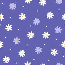 Seamless Pattern With Simple Little Flowers. Floral Repeatable Background With Chamomile. Cute Childish Print. Vector Illustration