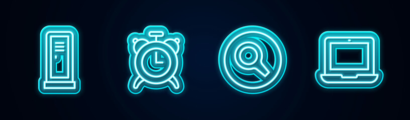 Poster - Set line Locker or changing room, Alarm clock, Magnifying glass and Laptop. Glowing neon icon. Vector