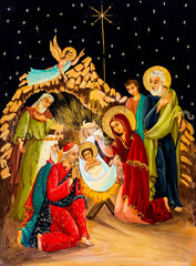 Naive painting depicting the birth of Jesus Christ on wood panel. Nativity Christmas painting.