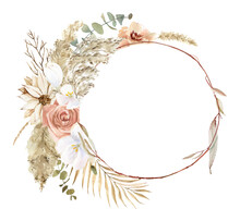 Watercolor Boho Wreaths. Hand-drawn Bohemian Arrangement. Dry Palm Leaves, Roses, Dried Herbs And Flowers. Pampas Grass. For Cards, Holiday Posters, Stickers, Scrapbooking, Wedding Invitations