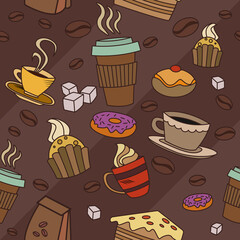 Fototapete - Pattern with items from the coffee shop. Vector seamless brown pattern with coffee and donuts.