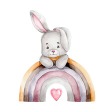 Cute Little Bunny On Rainbow; Watercolor Hand Drawn Illustration; With White Isolated Background