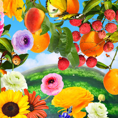 Wall Mural - Ripe berries and fruits grow on branches over watermelon like over the Earth. Beautiful flowers blossom. Butterflies and bees fly pollinating plants. Blue sky. Rich harvest agriculture land 