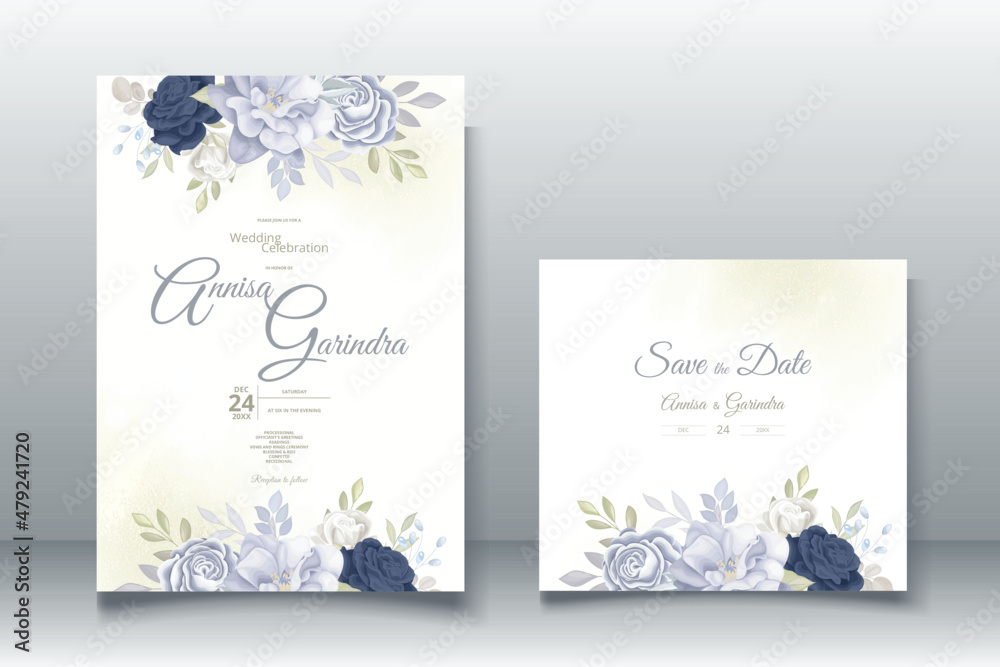 Elegant wedding invitation card with navy blue floral and leaves ...