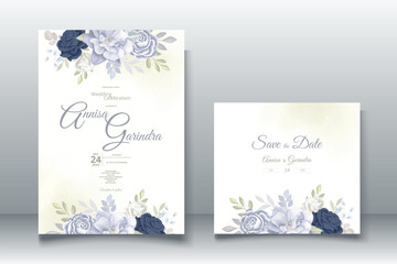Sticker - Elegant wedding invitation card with navy blue floral and leaves template Premium Vector	

