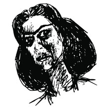 Female Portrait. Head Of A Woman. Hand Drawn Rough Sketch. Black And White Silhouette.