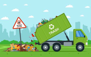 it is illegal to throw city waste into the field. dump truck unloads waste. 