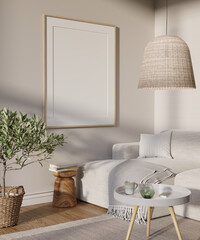Poster - Living room interior with big mock up picture on the wall. 3D render. 3D image.