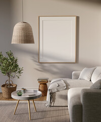 Poster - Living room interior with big mock up picture on the wall. 3D render. 3D image.