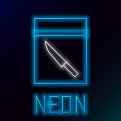 Sticker - Glowing neon line Evidence bag and knife icon isolated on black background. Colorful outline concept. Vector