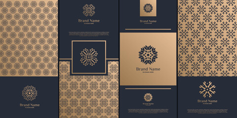 Luxury logo and gold packaging design. nature, luxury lotus, wellness, flower, pattern.