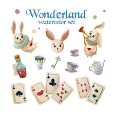 Watercolor Wonderland Set. Hand Drawn Vintage Art Work With White Rabbit, Playing Cards And Silver Key