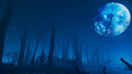 Wall Mural - Full moon over the misty river in the middle of a dark forest at night. Mystery.