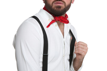 Wall Mural - Fashionable young man in stylish outfit with bandana on white background, closeup