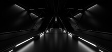 A Dark Tunnel Lit By White Neon Lights. Reflections On The Floor And Walls. 3d Rendering Image.