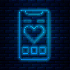 Sticker - Glowing neon line Smartphone with heart rate monitor function icon isolated on brick wall background. Vector