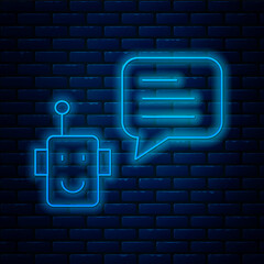 Poster - glowing neon line bot icon isolated on brick wall background. robot icon. vector