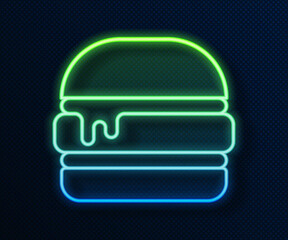 Poster - Glowing neon line Burger icon isolated on blue background. Hamburger icon. Cheeseburger sandwich sign. Fast food menu. Vector