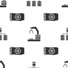 Poster - Set Server, Data, Web Hosting, Robotic robot arm hand factory and Video graphic card on seamless pattern. Vector