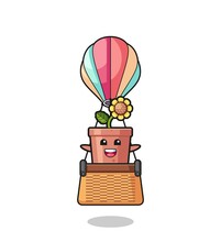 Sunflower Pot Mascot Riding A Hot Air Balloon