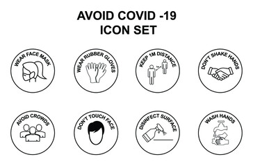 Canvas Print - avoid covid 19 black icon set wear face mask, wear rubber gloves, keep 1m distance, don't shake hands, avoid crowds, don't touch face icon, disinfect surface, wash hands all in vector